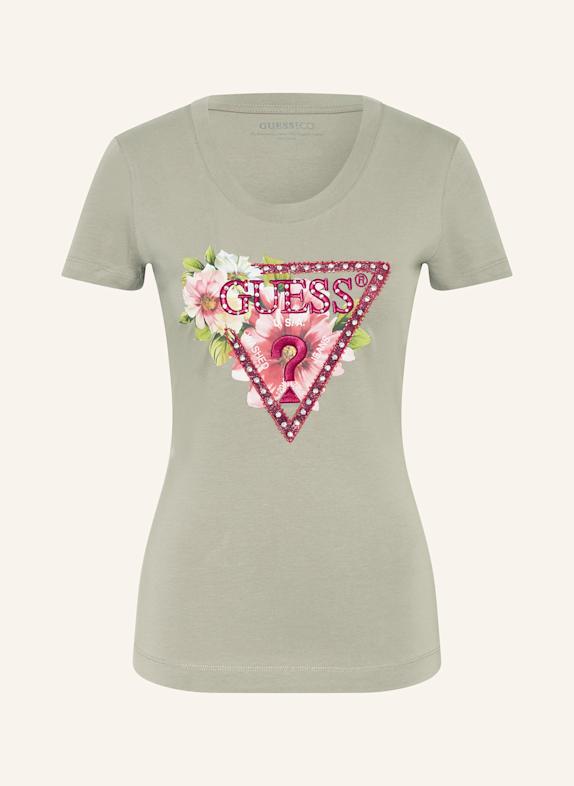 GUESS T-Shirt mit Schmucksteinen HELLGRÜN/ PINK