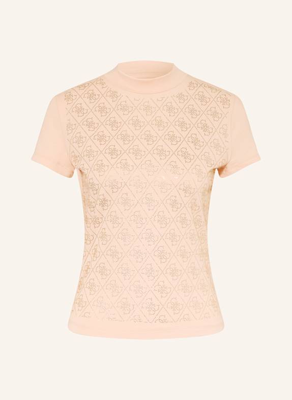GUESS T-shirt with decorative gems LIGHT RED/ BEIGE