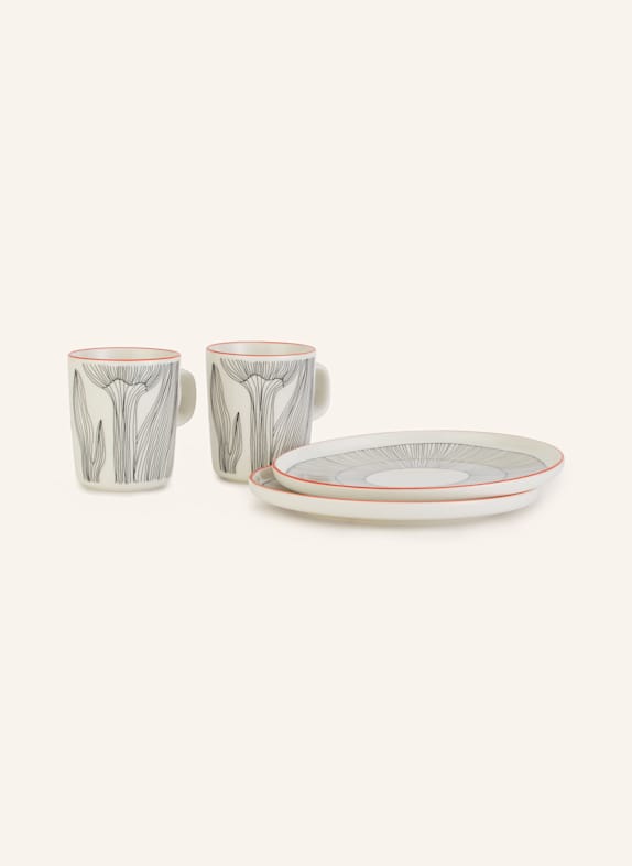 marimekko 4-tlg. Set OIVA/ KUKAT PUHKEAVAT: Henkelbecher und Dessertteller ECRU/ SCHWARZ/ ORANGE