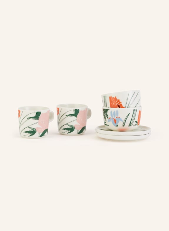 marimekko 6-tlg. Set OIVA/ PUUTARHAKUTSUT: Henkelbecher, Teller und Müslischalen ECRU/ GRÜN/ ORANGE