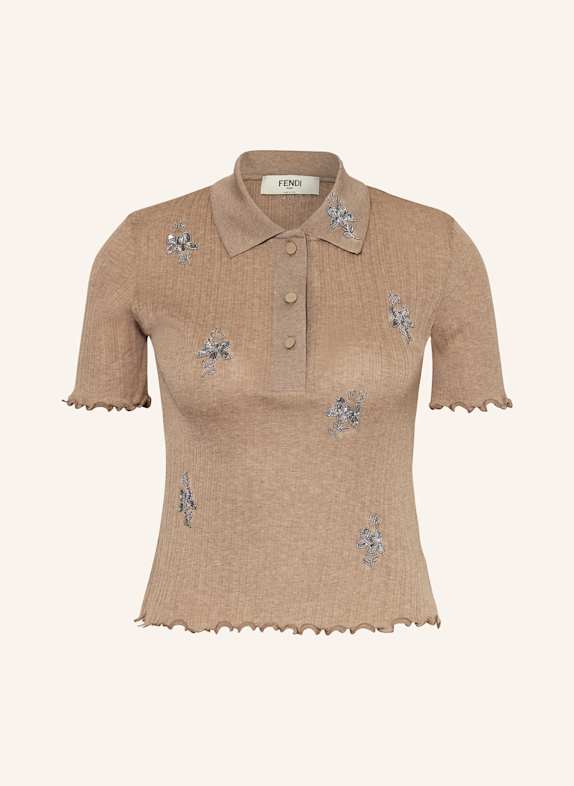 FENDI Knitted polo shirt with decorative gems LIGHT BROWN/ SILVER