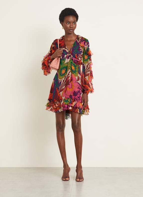 ETRO Silk dress with ruffles BROWN/ GREEN/ PURPLE
