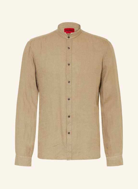 HUGO Leinenhemd ELVORY Slim Fit mit Stehkragen HELLBRAUN