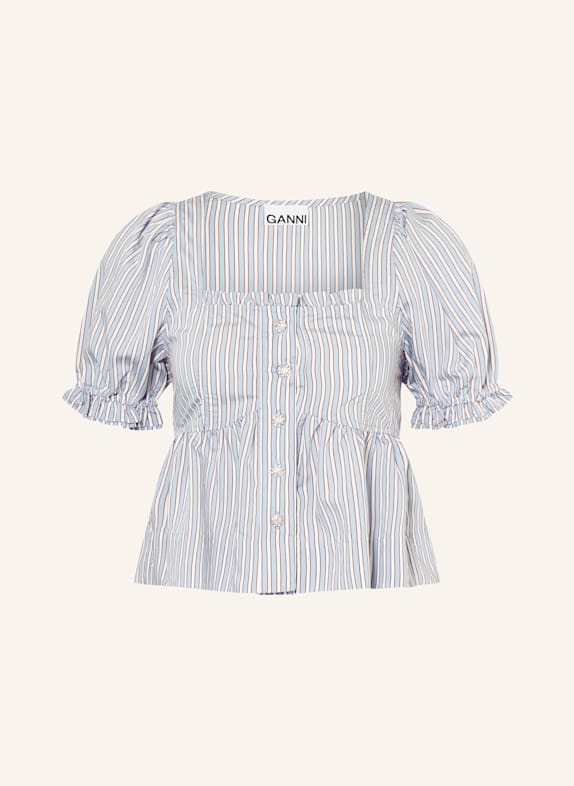 GANNI Blusenshirt mit Rüschen HELLBLAU/ WEISS/ BRAUN