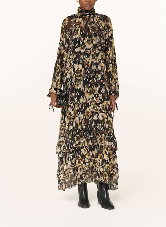 MRS & HUGS Seidenkleid mit Volants und Glitzergarn SCHWARZ / BEIGE / GOLD