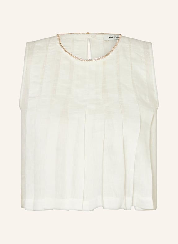 SANDRO Cropped-Blusentop aus Leinen mit Schmucksteinen WEISS