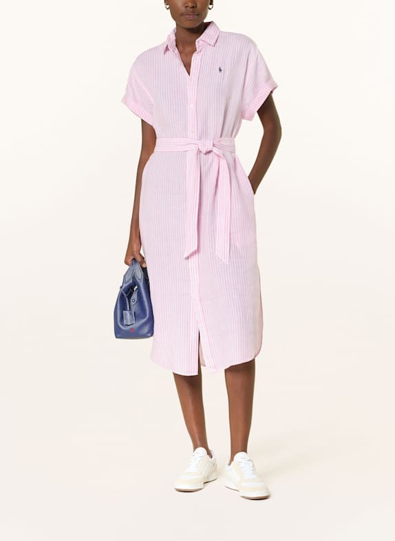 POLO RALPH LAUREN Hemdblusenkleid aus Leinen WEISS/ ROSA
