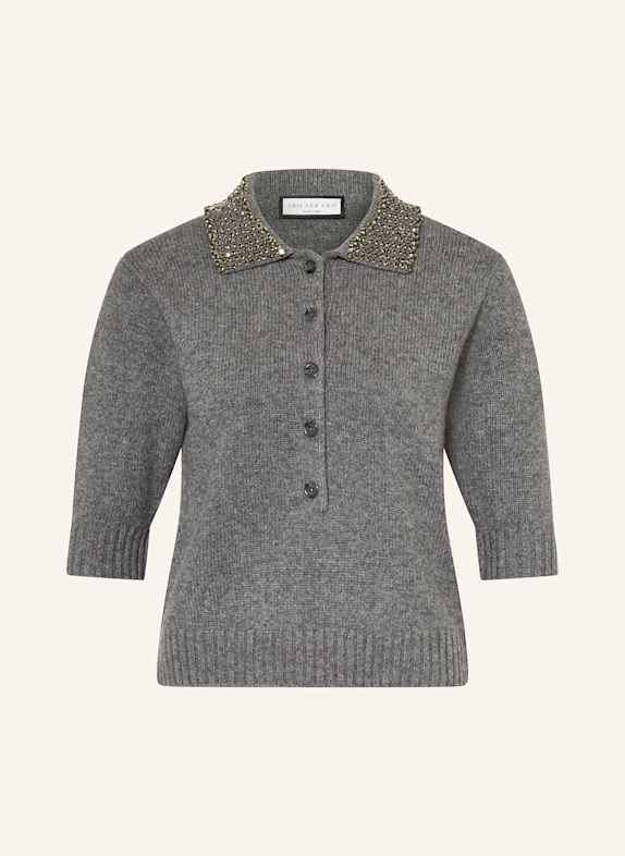 SEM PER LEI Strick-Poloshirt mit Cashmere und Schmucksteinen GRAU