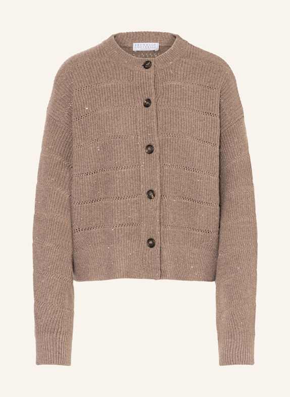 BRUNELLO CUCINELLI Strickjacke mit Cashmere und Pailletten DUNKELBRAUN