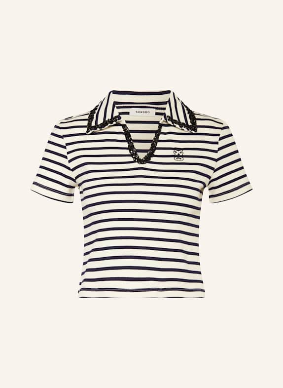 SANDRO Cropped-Poloshirt mit Schmucksteinen WEISS/ DUNKELBLAU