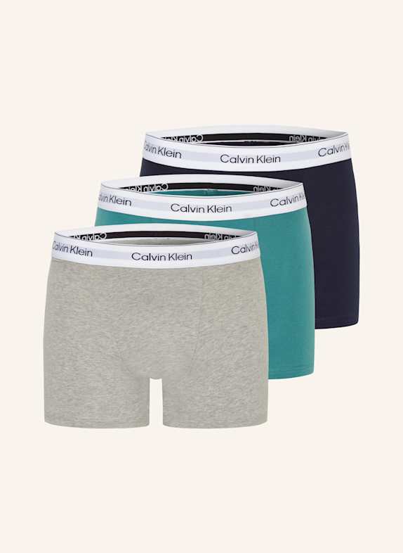 Calvin Klein Boxerky ICON COTTON Relaxed Fit, 3 kusy v balení TMAVĚ MODRÁ/ ŠEDÁ/ TMAVĚ ZELENÁ
