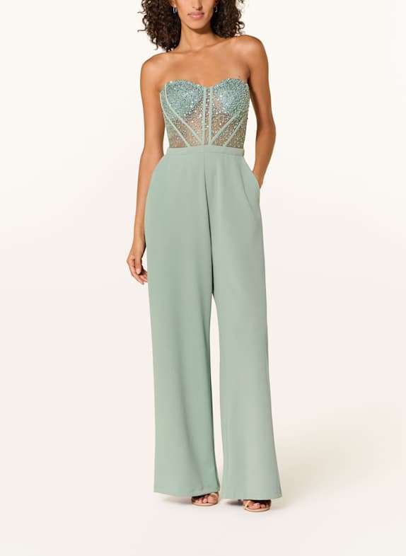 Hey Kyla Off-Shoulder-Jumpsuit mit Schmucksteinen HELLGRÜN