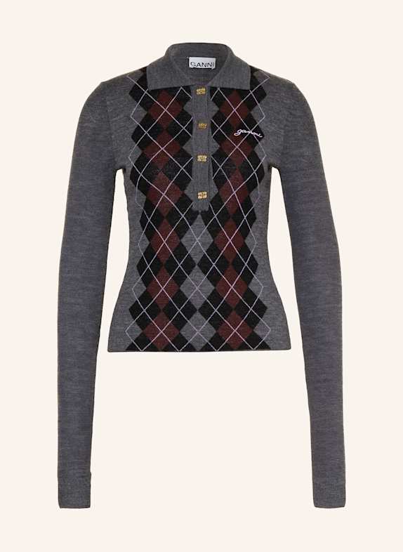 GANNI Knitted polo shirt made of merino wool GRAY/ BLACK/ DARK RED