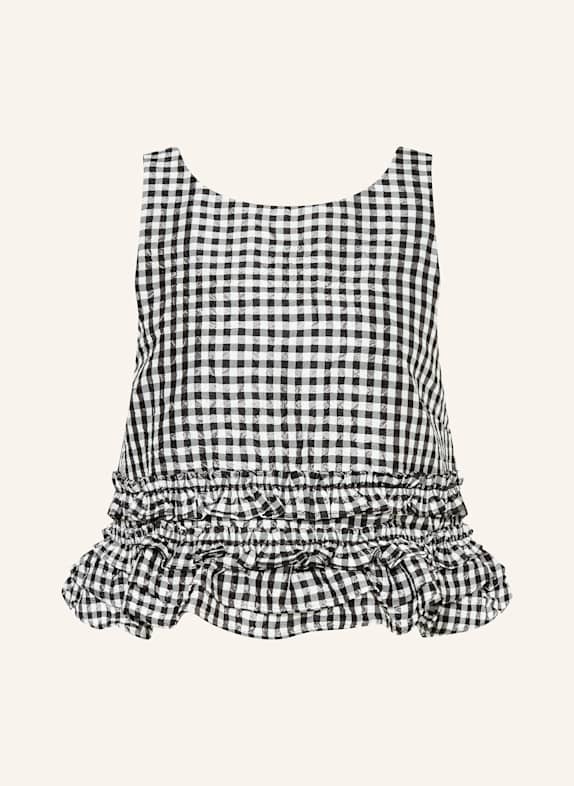 GANNI Blouse top with ruffles BLACK/ WHITE
