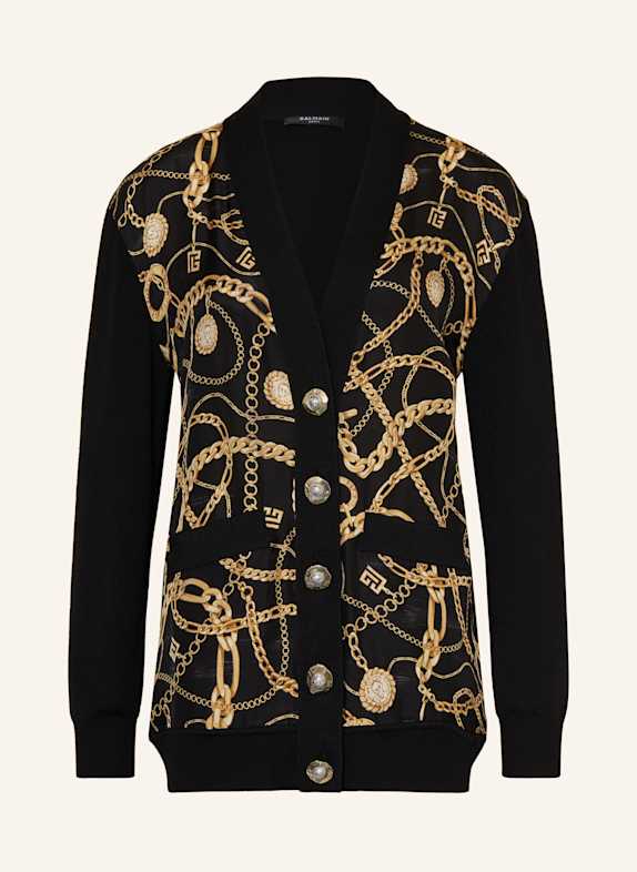 BALMAIN Strickjacke im Materialmix mit Seide SCHWARZ/ WEISS/ GOLD