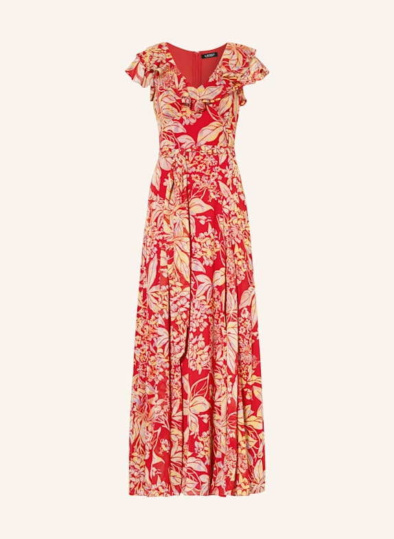 LAUREN RALPH LAUREN Abendkleid mit Volants ROT/ DUNKELGELB/ BLAUGRAU