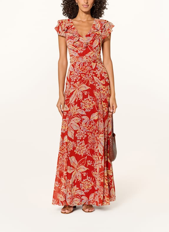 LAUREN RALPH LAUREN Abendkleid mit Volants ROT/ DUNKELGELB/ BLAUGRAU