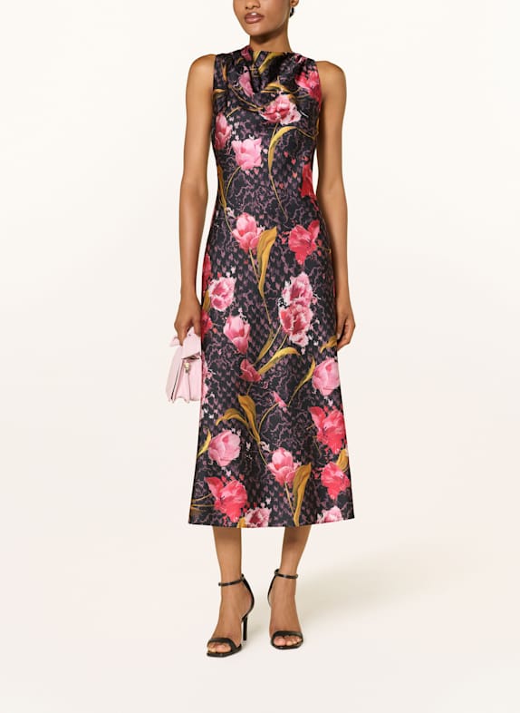TED BAKER Satinkleid TWILLI SCHWARZ / ROT / DUNKELGELB