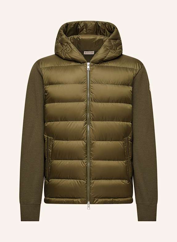 MONCLER Péřová bunda ze směsi materiálů OLIVOVÁ