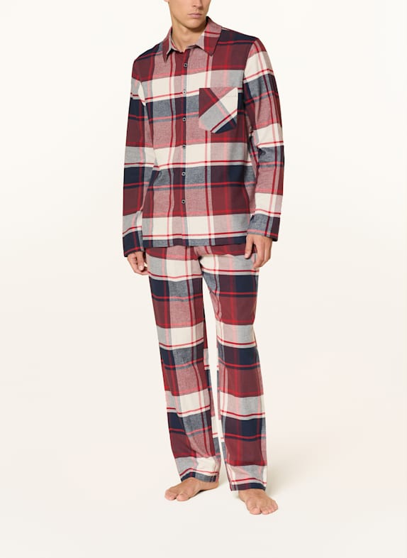 SCHIESSER Pyjamas SELECTED PREMIUM WARMING i flanell RÖD / MÖRKBLÅ / VIT
