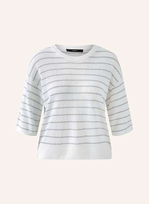 oui Strickshirt mit Pailletten und Leinen WEISS/ GRAU