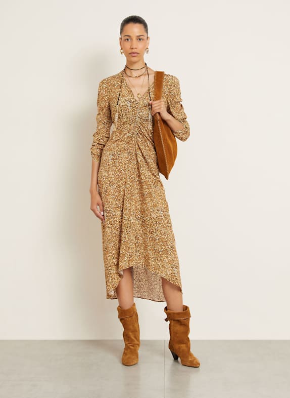 ISABEL MARANT Cocktail dress ALBINI made of silk with 3/4 sleeves DARK YELLOW/ BEIGE