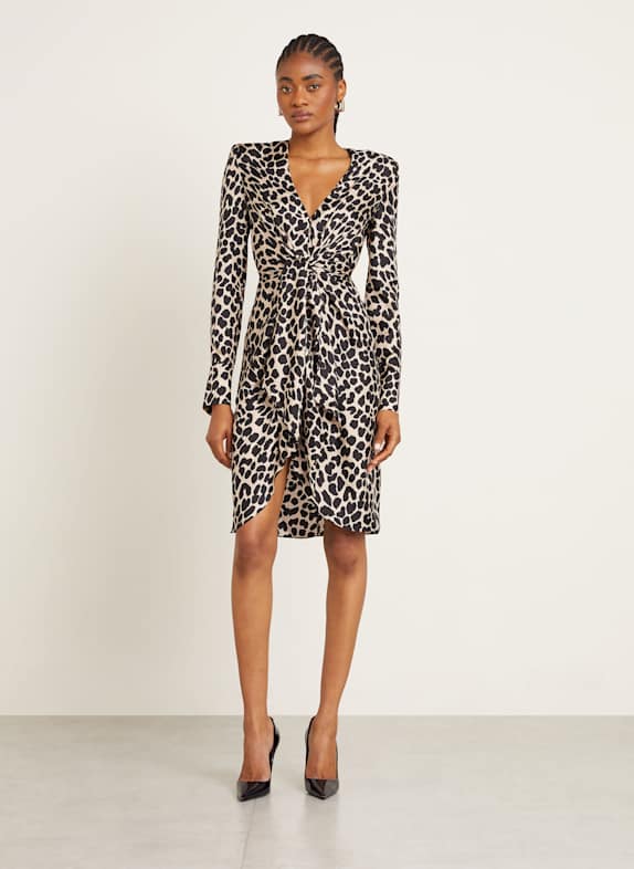 BALMAIN Silk dress in wrap look LIGHT BROWN/ BLACK