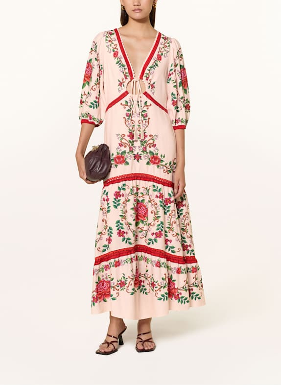 FARM RIO Robe FLOWER TAPESTRY avec lin et manches 3/4 ROSE CLAIR/ ROUGE/ VERT