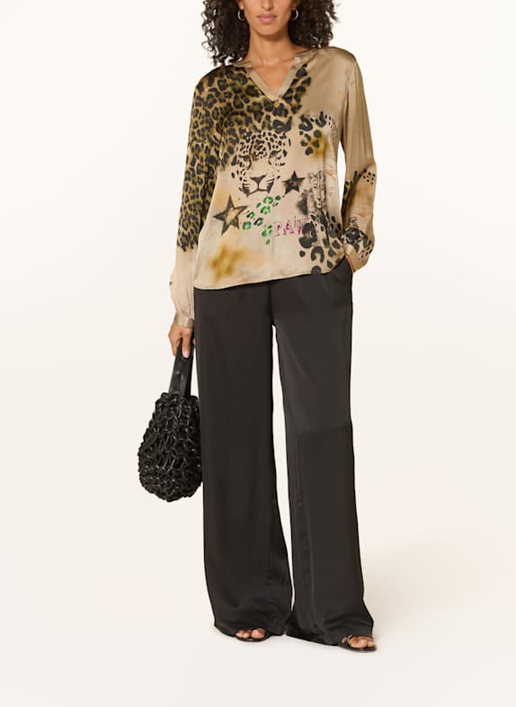 Grace Blouse-shirt van satijn CAMEL / ZWART