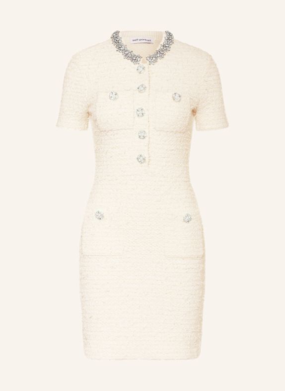 self-portrait Tweed-Kleid mit Schmucksteinen CREME