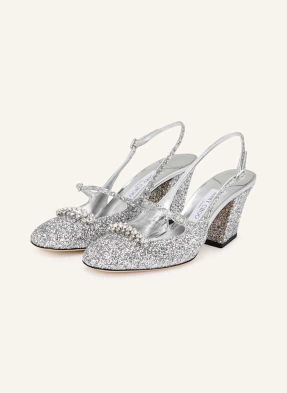JIMMY CHOO Slingback pumps BELINDA 70 with decorative gems SILVER