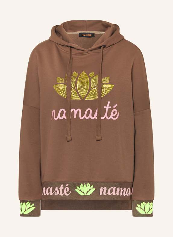miss goodlife Bluza z kapturem oversize NAMASTE z ozdobnymi kamykami CIEMNOBRĄZOWY/ JASKRAWY ŻÓŁTY