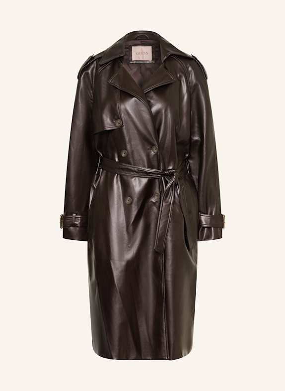 GUESS BIANKA trench coat in leather look DARK BROWN