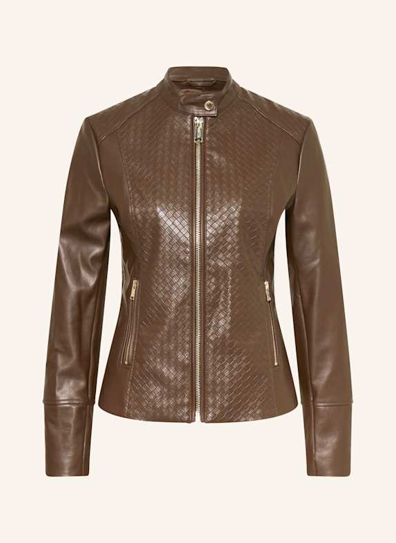 GUESS Bunda křivák CLAUDINE v koženém vzhledu TMAVĚ HNĚDÁ