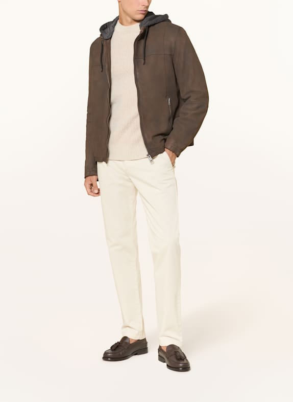 MILESTONE MSRENALDO leather jacket in mixed materials with detachable hood BROWN