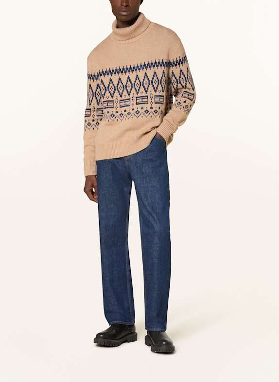 TOMMY HILFIGER Rollkragenpullover CAMEL / DUNKELBLAU / BLAU