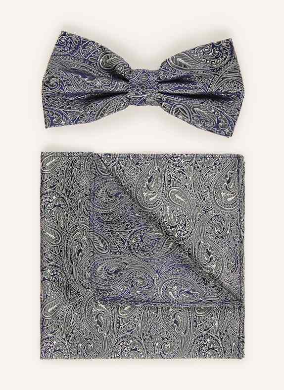PAUL Set: Bow tie and pocket square DARK GREEN / DARK BLUE / LIGHT GRAY