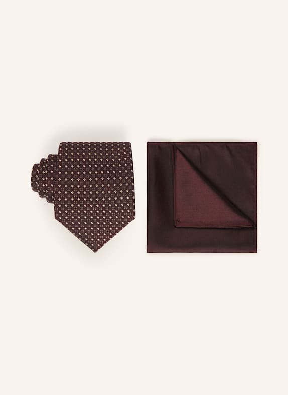 DIGEL Set DANNY: Tie and pocket square DARK RED / OLIVE / ECRU