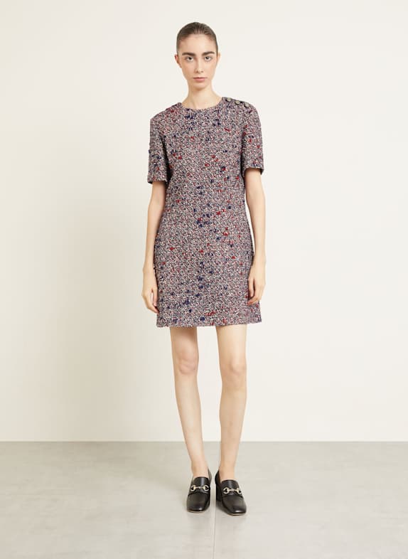 GUCCI Bouclé-Kleid DUNKELBLAU / DUNKELROT / ECRU