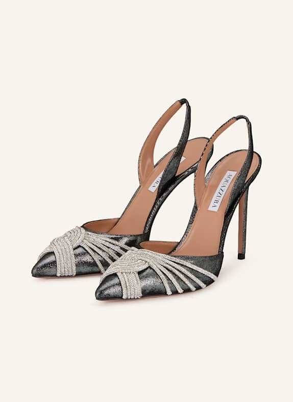 AQUAZZURA Slingpumps s otevřenou patou GATSBY SLING s ozdobnými kamínky ČERNÁ / STŘÍBRNÁ