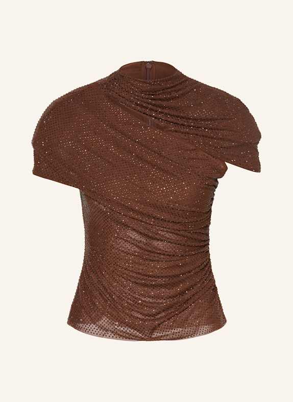 self-portrait Mesh-Top mit Schmucksteinen und Cut-out BRAUN