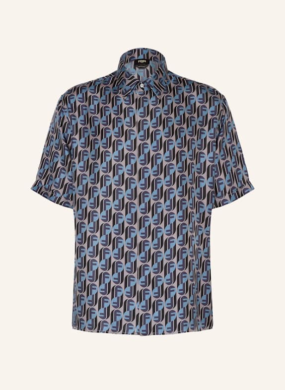 FENDI Kurzarm-Hemd Boxy Fit aus Seide BLAU / SCHWARZ / TAUPE