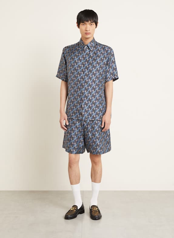 FENDI Korte mouwen overhemd Boxy Fit van zijde BLAUW / ZWART / TAUPE