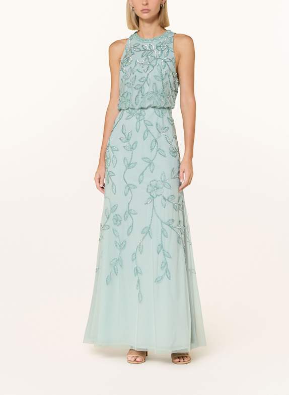 ADRIANNA PAPELL Sukienka wieczorowa wykończona cekinami i ozdobnymi perełkami TURKUSOWY