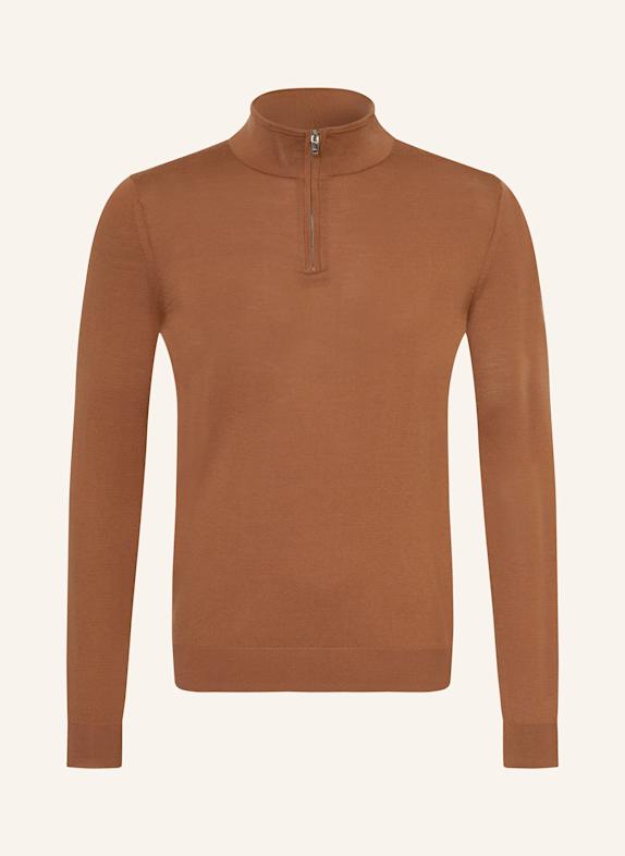 REISS Sweter typu troyer BLACKHALL z wełny merino JASNOCZERWONY / BRĄZOWY