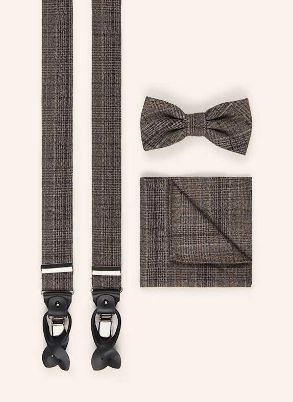 Prince BOWTIE Set: Suspenders, bow tie and pocket square LIGHT BROWN / BROWN / GRAY