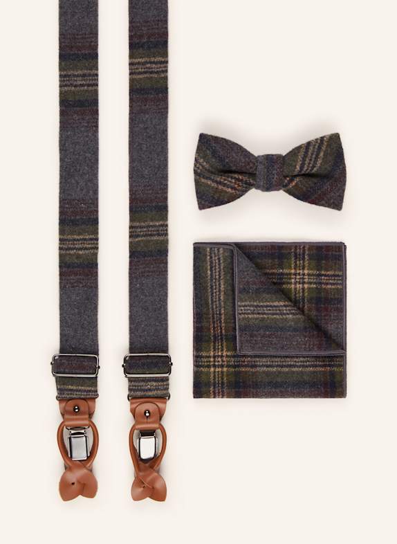 Prince BOWTIE Set: Suspenders, bow tie and pocket square OLIVE / DARK BLUE / DARK RED