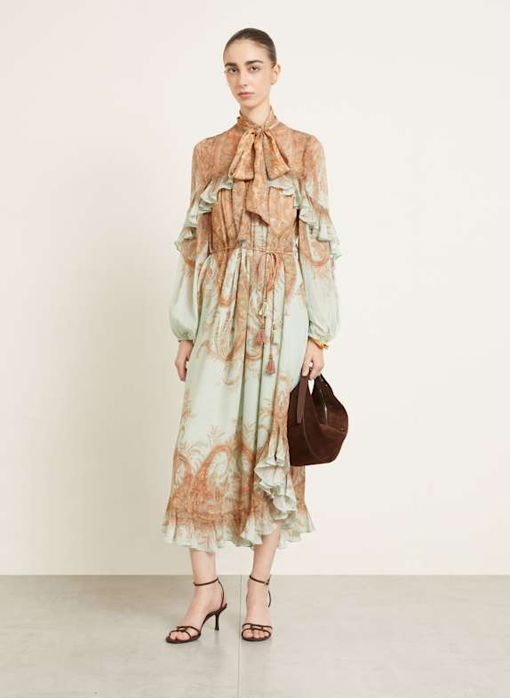 ZIMMERMANN Schluppenkleid mit Rüschen MINT / BRAUN / HELLORANGE