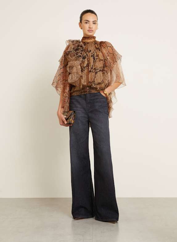 ZIMMERMANN Zijden blouse met volants BRUIN / ZWART / DONKERORANJE