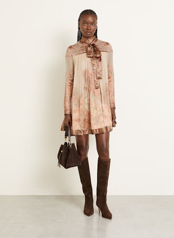 ZIMMERMANN Cocktailkleid HYPNOTIC mit abnehmbarer Schluppe CREME / LACHS / BRAUN